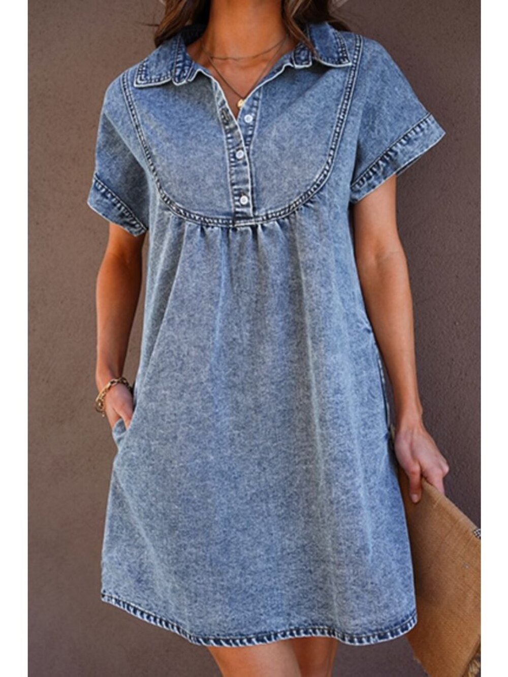 NWT Luvamia Women's Acid Wash Denim Tunic Dress With Pockets Size S